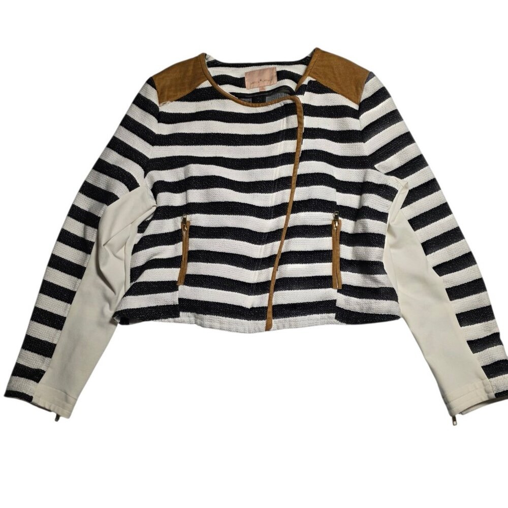Gibson Latimer Moto Jacket‎ Black White Striped Tan Faux Leather Accents XL